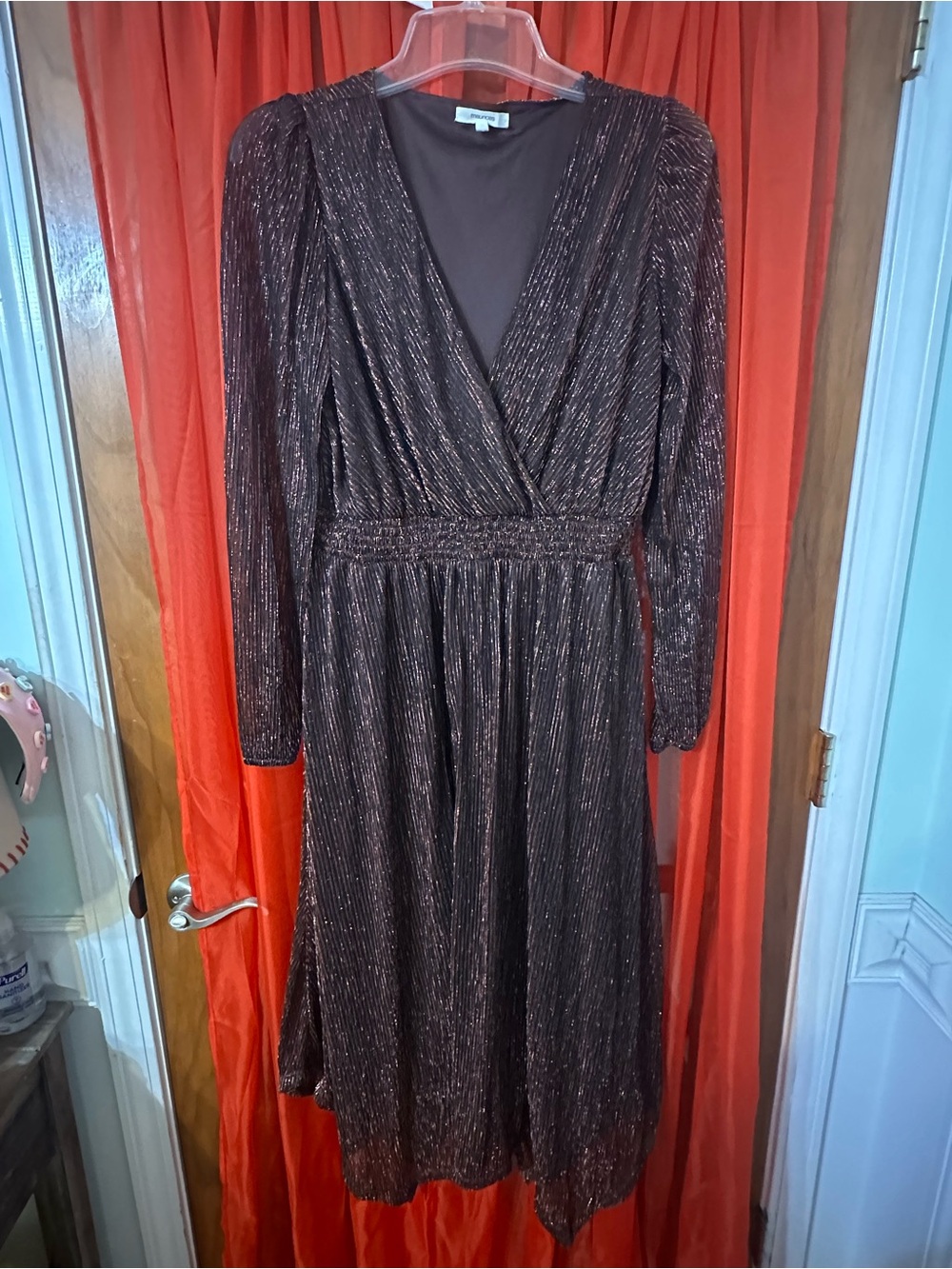 Maurices Shimmery Chocolate Brown Long Sleeve Wrap Midi Dress